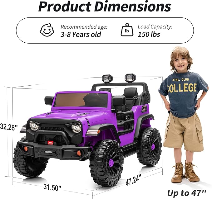 2 Seater Ride on Car Toy, 12V Electric Car for Kids 4-8 with Remote Control, Capacity 150 lb, LED Light - Purple