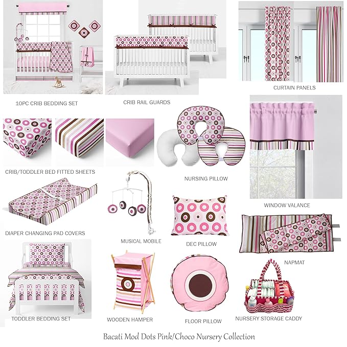 Bacati - Dots & Stripes Pink/Chocolate 4 Piece Girls Toddler Bedding Set, 100 Percent Cotton Includes Reversible Comforter, Fitted Sheet, Top Sheet and Pillow Case for US Standard Toddler Bed