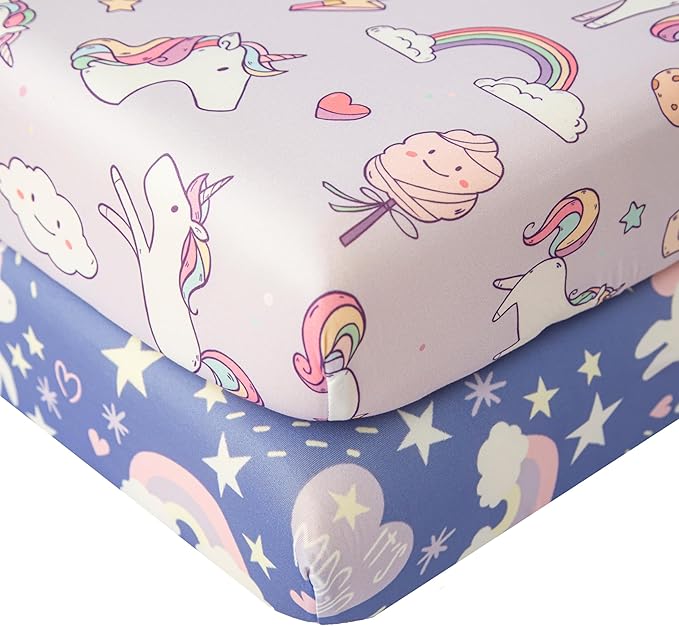 SDIII 2 Pack Unicorn Crib Sheets for Baby Girl 52×28 Stretchy Microfiber Jersey Knit Fall Baby Sheets for Standard Crib and Toddler Mattress