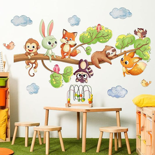 Cute Jungle Theme Wall Stickers Removable Animal Forest Wall Decals Elephant Monkey Lion Giraffe Zebra Peel and Stick Tropical Wall Art Decor for Nursery Bedroom Classroom (Colourful 4)