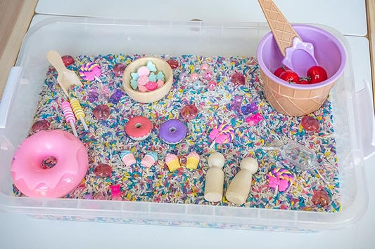 Sweets Shop Sensory Bin Kit for Kids – Bright Rainbow Rice, Candy Erasers, Donut Containers & Wooden Tools – Includes Clear Storage Bin