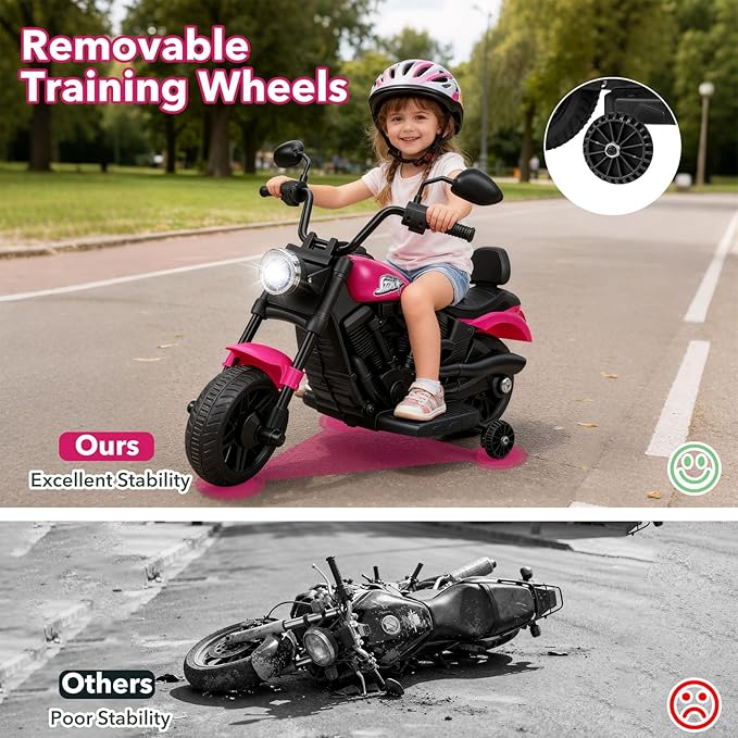 HONEY JOY Toddler Motorcycle, 6V Battery Powered Electric Motorcycle for Kids, Detachable Training Wheels, Music, Foot Pedal, Headlights, Forward/Backward, 3-Wheel Ride On Toy for Boys Girls (Pink)