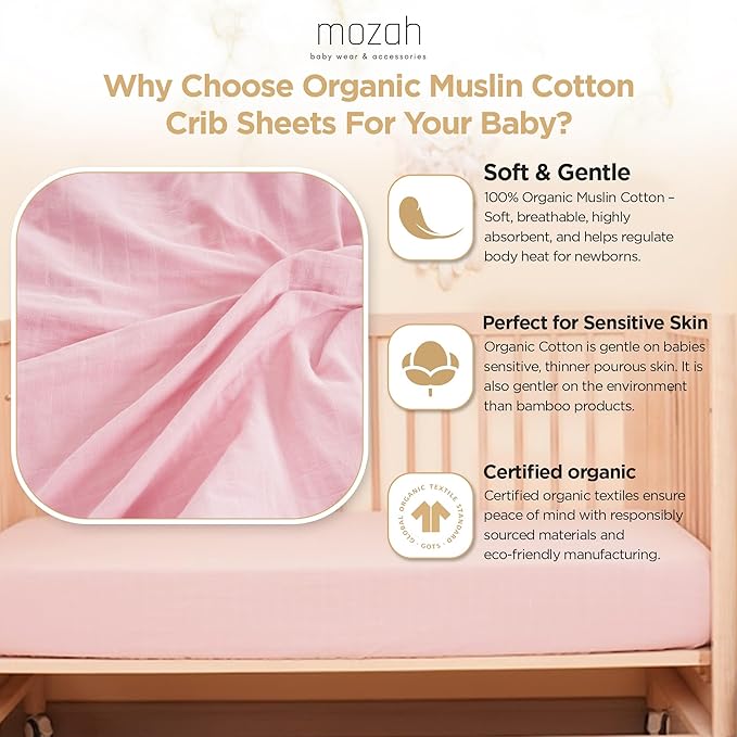 MOZAH Organic Muslin Crib Sheets, Soft and Breathable Bedding for Baby Girls or Boys, Snug Fitted Sheet for Standard Cribs & Toddler Mattresses, 2 Pack, Pink