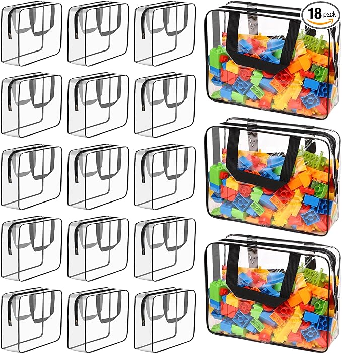 18 Packs Large Toy Storage Bags with Labels, Waterproof Clear Pvc Storage Bags for Toys, Travel Organizer Bags with Zipper Closure for Puzzles, Building Blocks, Kids' Books