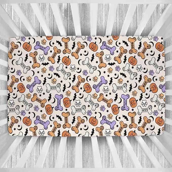 Cute Halloween Dog Paws Baby Crib Sheets Halloween Pumpkin Bone Bats Soft Baby Sheets Fitted Crib Mattress Cover Dog Lover Gift for Standard Crib Mattress 52"x28"