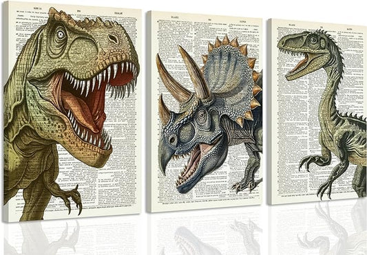 Ovczax 3 Pieces Dinosaur Canvas Wall Art - Tyrannosaurus Rex, Triceratops, Velociraptor Decor For Kids Room Game Room, Living Room, Bedroom 16" x 12"