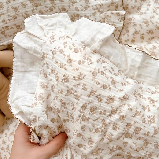 BuLuTu Soft Cotton Muslin Duvet Cover Girls Kids Floral Duvet Cover Beige Crib Bedding Comforter Cover Quilt Cover, 47"x59", Camellia Print (Pillowcases Not Included)