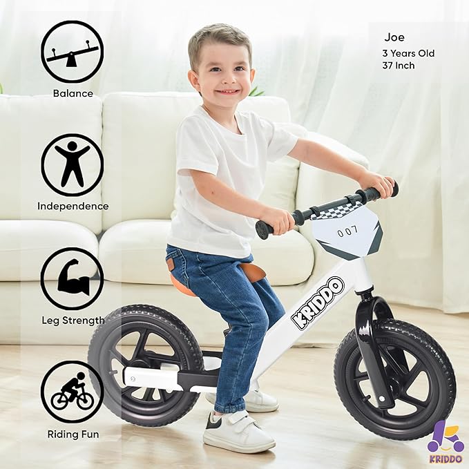 KRIDDO Toddler Balance Bike 2 Year Old, Age 24 Months to 5 Years Old, 12 Inch Push Bicycle with Customize Plate (3 Sets of Stickers Included), Gift Bike for 2-3 Boys Girls, White Sport