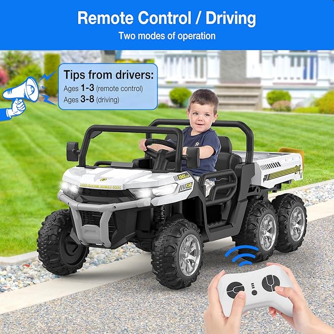 2-Seater Kids Ride On Dump Truck, 75W Electric Ride On UTV Toys with Remote Control, Dump Bed, PP Tire x 6, LED Light & Music, 24V 4WD Power Ride On Truck Car for Boys Girls (White)