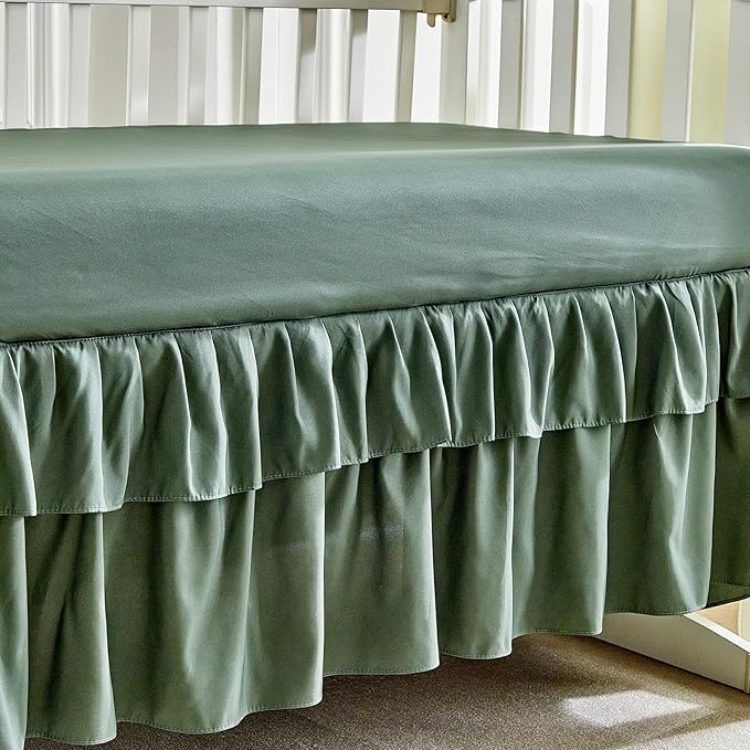 Ruffled Crib Bedding Set Baby Boho Quilted Comforter with Fitted Sheet and Bed Skirt - Cute Soft Breathable Seersucker Ruffled Shabby Chic Bedding Soft Blanket Design - Dark Green