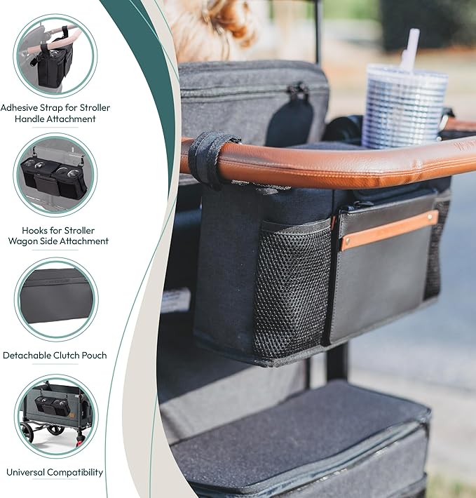 WONDERFOLD Universal Parent Console Stroller Organizer with Insulated Cup Holders, Hook & Loop Closure Handle Attachment, 2 Storage Pockets, Removable Shoulder Strap for Easy Transport