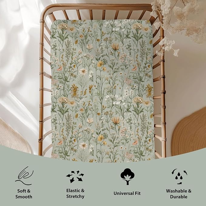 Vintage Wild Flowers Baby Crib Sheets for Boy Girl 52"x28" Retro Plant Soft Stretchy Fitted Crib Mattress Cover Spring Summer Baby Sheet for Standard Crib & Toddler Mattress Pad