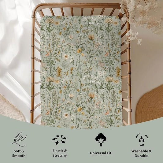 Vintage Wild Flowers Baby Crib Sheets for Boy Girl 52"x28" Retro Plant Soft Stretchy Fitted Crib Mattress Cover Spring Summer Baby Sheet for Standard Crib & Toddler Mattress Pad