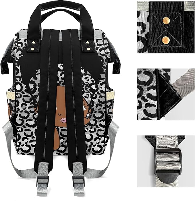 Personalized Black Silver Leopard Girl Custom with Name Diaper Bag Backpack For Baby Boy Girl Dad Mom Unisex for Adult Daypack Holiday Gift