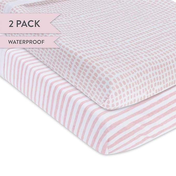 Ely's & Co. Patent Pending Waterproof Changing Pad Cover Set | Cradle Sheet Set by Ely's & Co no Need for Changing Pad Liner Mauve Pink Splash & Stripe 2 Pack for Baby Girl