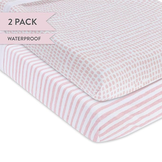 Ely's & Co. Patent Pending Waterproof Changing Pad Cover Set | Cradle Sheet Set by Ely's & Co no Need for Changing Pad Liner Mauve Pink Splash & Stripe 2 Pack for Baby Girl