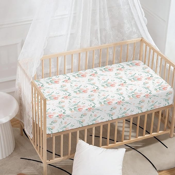 Floral Botanical Pattern Fitted Crib Sheet Pink Flower Baby Crib Sheet Fit Standard Crib and Toddler Mattress,Crib Mattress Sheets for Boys Girls 28"x52"