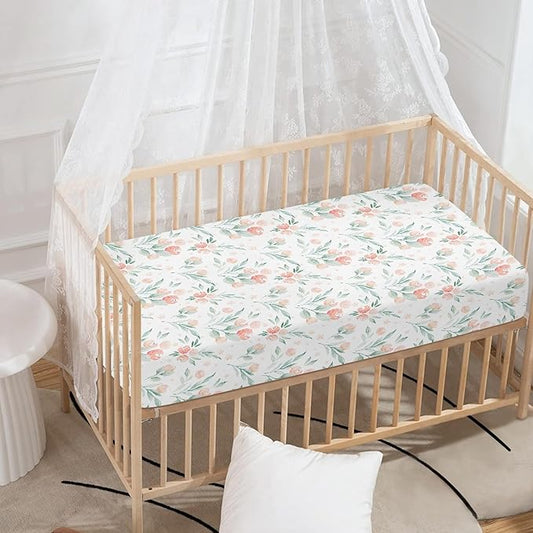 Floral Botanical Pattern Fitted Crib Sheet Pink Flower Baby Crib Sheet Fit Standard Crib and Toddler Mattress,Crib Mattress Sheets for Boys Girls 28"x52"