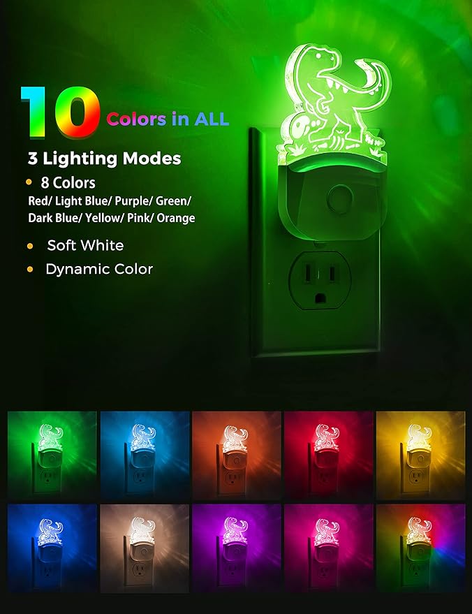 L LOHAS LED Night Light for Kids, Dinosaur Night Light for Boys, Velociraptor LED Night Lights Plug into Wall, RGB+Soft White 3000K, Dusk to Dawn, Ideal for Nursery Room, Bedroom Decor[2 Pack]