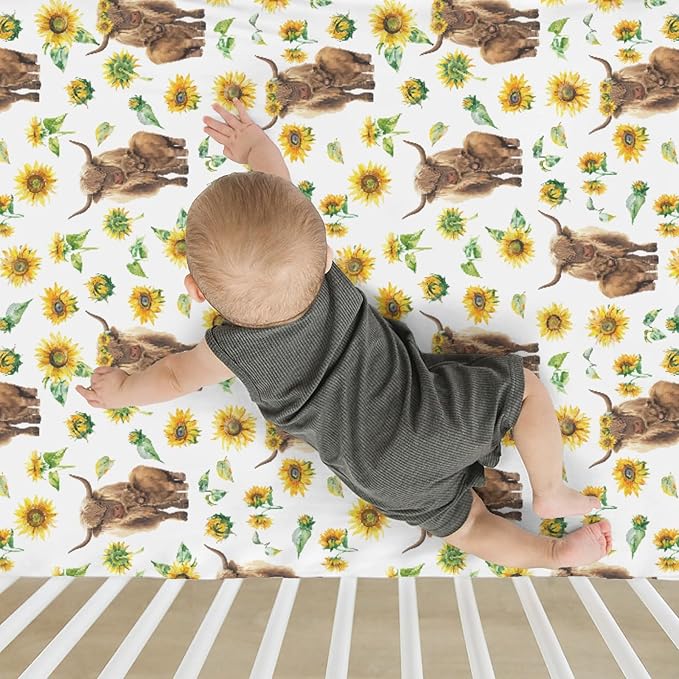 Highland Cow Sunflowers Baby Crib Sheets for Boy Girl 52"x28" Highland Cattle Yak Floral Soft Snug Fitted Crib Mattress Cover Farmland Animal Baby Sheet for Standard Crib & Toddler Bed Mattress