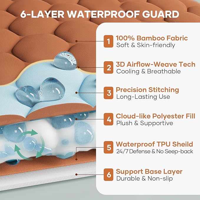 OhGeni 100% Waterproof Mattress Protector,Queen Size Mattress Soft Pad,Hair & Bedwetting Resistant,Cooling Breathable Fitted Sheets,Washable Bed Cover,Non-Slip Deep Pocket,Noiseless for Bedroom,Orange