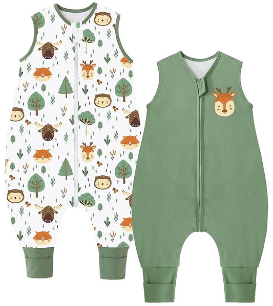 Toddler Sleep Sack with Feet 4-5 T, 1.0 TOG Cotton Baby Wearable Blanket with Legs, Sleep Bag Walker with 2-Way Zipper, Forest Animals+Green
