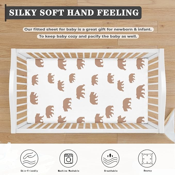 Cute Brown Bear Fitted Crib Sheet Bears Print Baby Crib Sheet Fit Standard Crib and Toddler Mattress,Crib Mattress Sheets for Boys Girls 28"x52"