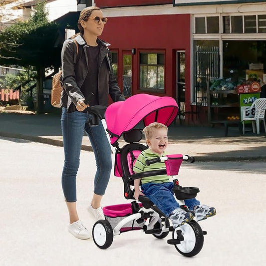 Baby Tricycle, 7 in 1 Folding Toddler Bike w/Removable Adjustable Push Handle, Canopy, Rotatable Seat, Safety Harness, Cup Holder & Storage, Trike for 1-5 Year Old (Pink)