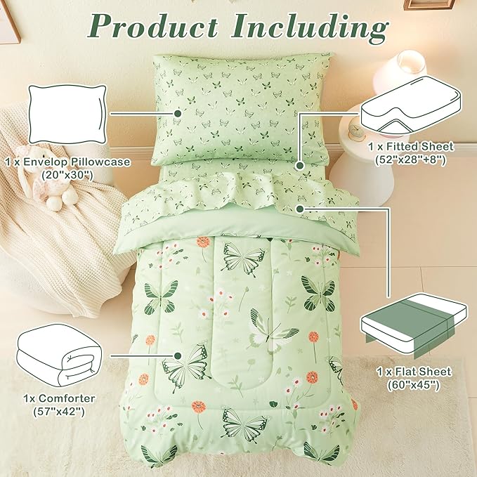 Mooreeke 4 Pieces Toddler Bedding Set - Soft Sage Green Butterfly Toddler Comforter Sets for Girls, Includes Quilted Comforter, Flat Sheet, Fitted Sheet and Pillowcase, Bed in A Bag for Baby Bedroom