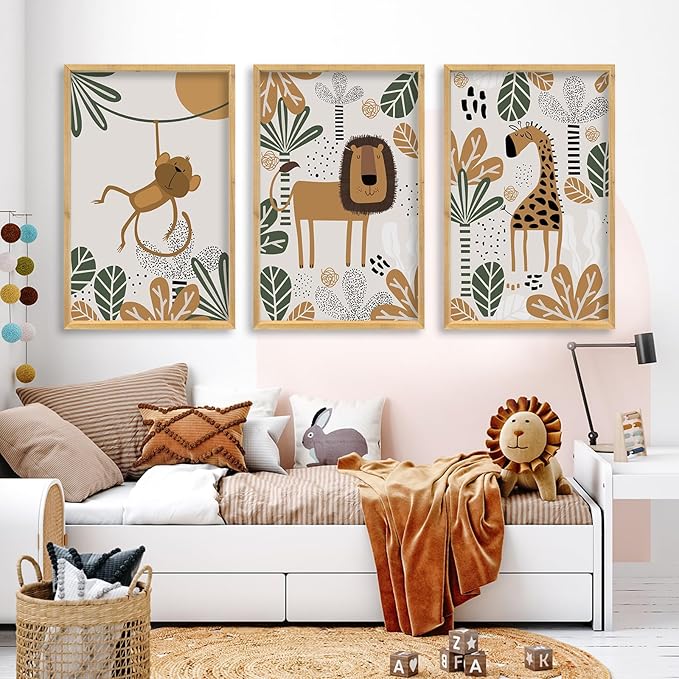 comurdyo Kids Cute Animal Wall Art Set of 3 Framed Safari Prints Cartoon Lion Monkey Giraffe Sign 16×11 Inch for Baby Room Toddler Nursery Children's Room Boho Rustic Wood Framed Hanging Decor (Wood)