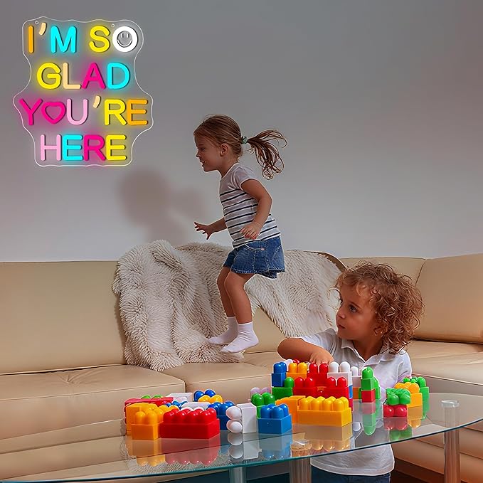 I'm So Glad You Are Here Neon Sign for Wall Decor Dimmable Welcome Sign for Classroom Inspirational Positive Wall Art Decor for Party Home Gym Office Bedroom Gifts for Teens Size 11.8*10.9in(GLNP244)