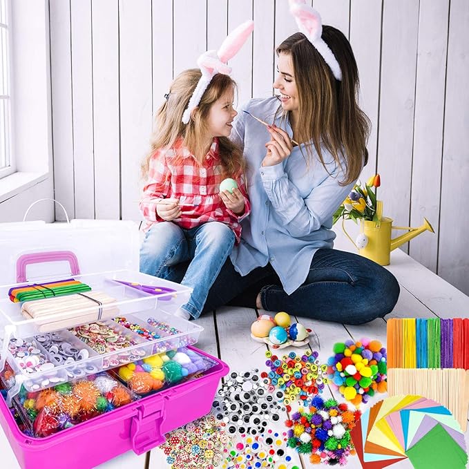 kortes Art and Craft Supplies for Kids, Toddler DIY Craft Art Supply Set Included Pipe Cleaners, Pom Poms, Feather, Folding Storage Box - All in One for Craft DIY Art Supplies, Rose Red