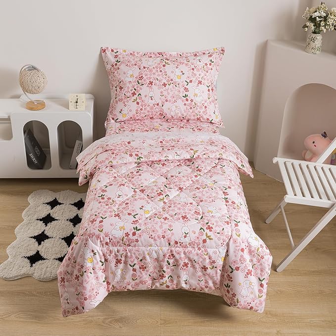 Caressma Twin Size 5 Pieces Pink Comforter Set, Lovely Rabbit Pattern Kids Bedding Set in a Bag with Floral Comforter, Fitted Sheet, Flat Sheet, Pillow Case & Pillow Sham