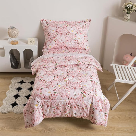Caressma Twin Size 5 Pieces Pink Comforter Set, Lovely Rabbit Pattern Kids Bedding Set in a Bag with Floral Comforter, Fitted Sheet, Flat Sheet, Pillow Case & Pillow Sham