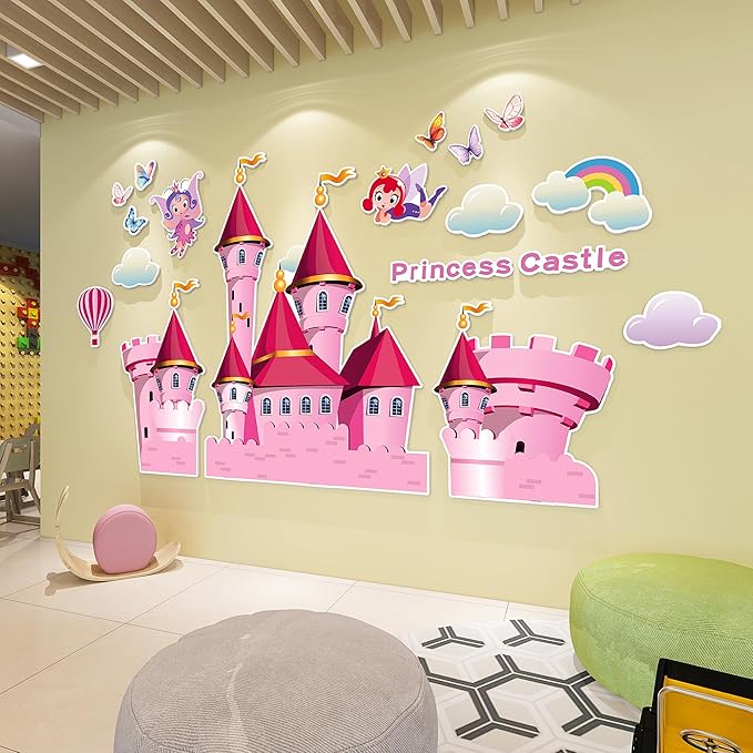 3D Castle Wall Stickers for Girls Room Decor Wall Decals Peel and Stick for Girls Bedroom Large Pink Decor for Nursery Toddler Inspirational Princess Art Pictures Kids Murals Wallpaper