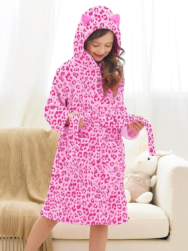 Doctor Unicorn Girls Leopard Cat Robe Kids Fleece Warm Hooded Bathrobe