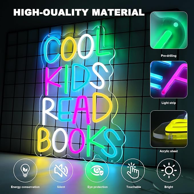 Enuoli Cool Kids Read Books Neon Sign Wall Decor Letter LED Neon Lights Light Up Signs For Kids' Room Dimmable Positive Affirmation LED Neon Light Sign Home Library Wall Art Decor