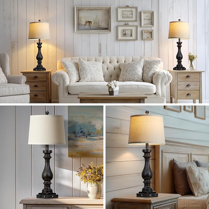 luxeflow 29" Tall Vintage Table Lamps Set of 2,Black Farmhouse Bedside Lamps with USB C+A Ports & AC Outlet,3-Way Dimmable Touch Lamp for Night Stands Living Room Bedroom,Black