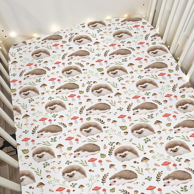 Cute Hedgehogs Baby Crib Sheets for Boy Girl 52x28Inch Hedgehog Mushroom Leaves Soft Snug Fitted Crib Mattress Cover Animal Baby Sheet for Standard Crib and Toddler Bed Mattress
