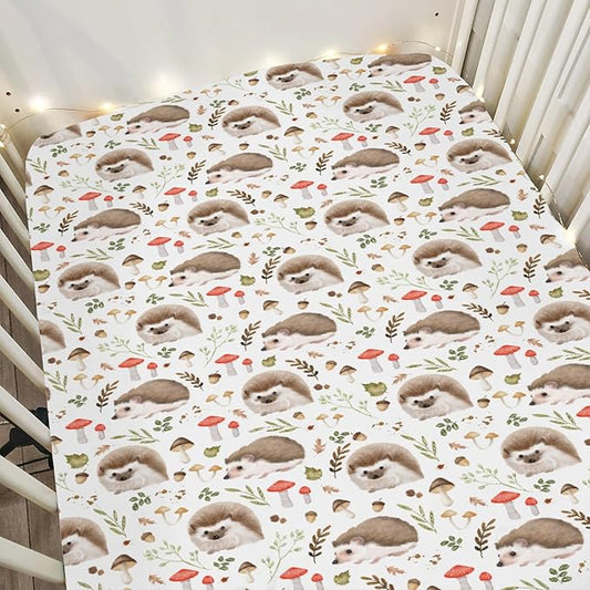 Cute Hedgehogs Baby Crib Sheets for Boy Girl 52x28Inch Hedgehog Mushroom Leaves Soft Snug Fitted Crib Mattress Cover Animal Baby Sheet for Standard Crib and Toddler Bed Mattress