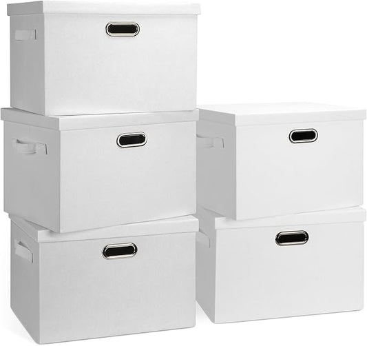 Graciadeco Large 17" 36 Quart Collapsible Stackable Storage Bins with Lids, 5 Packs White Linen Fabric Closet Boxes with Lids, Storage Cube Baskets Container Organizers for Bedroom Office(17 x12 x11)