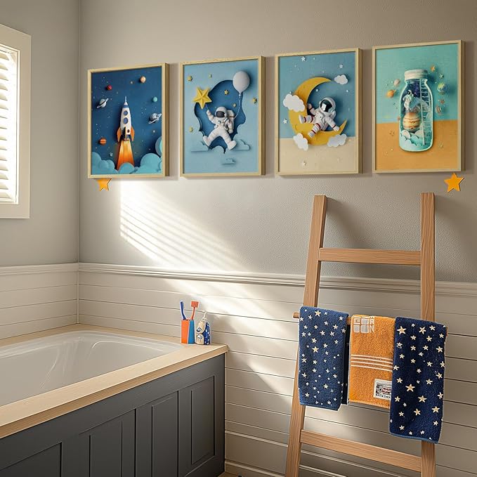 Framed Space Themed Bedroom Decor for Boys, 4 Piece Astronaut Rocket Canvas Wall Art Prints, Large Space Wall Art Decor for Kids Boys Room, 12x16 Inch