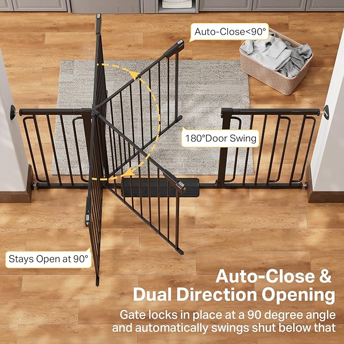 Cumbor 36.6-64" Extra Wide Baby Gate for Stairs, Dog Gates for Doorways, Auto-Close Pet Gate Indoor, Pressure Mounted Walk Through Safety Child Gate for Kids Toddler, Tall Pet Puppy Fence Gate, Black