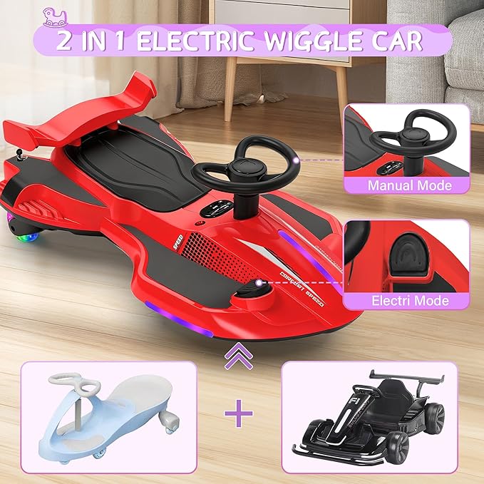 12V Electric Wiggle Car with Pedal for Kids, Rechargeable 2 in 1 Swing Car, Drifting Ride On Toys with Backrest, Anti-Rollover, Spray, Flashing Light, Music, for Ages 3 and Up