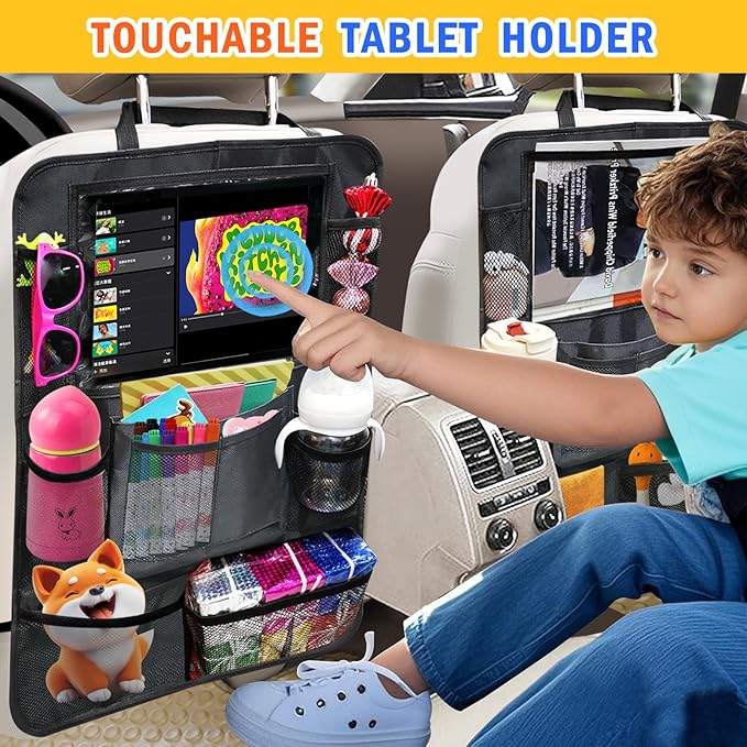 Etre Jeune Backseat Organizer for Car, 2 PCS Seat Back Cover for Kids Toddlers with 10 Storage Pockets & 11″ Tablet Holder, Waterproof Back Seat Protector for Snacks Toys, Travel Accessories
