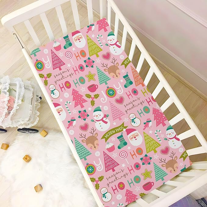 Pink Christmas Pattern Crib Sheets Soft Breathable Fitted Baby Crib Sheets Mattress Cover for Girl Boys, 52" x 28" x 9"