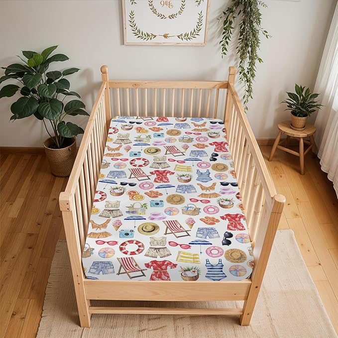 Watercolor Girl Beach Days Baby Crib Sheets for Boy Girl 52x28Inch Summer Seaside Soft Stretchy Fitted Crib Mattress Cover Beach Vacation Holiday Baby Sheet for Standard Crib & Toddler Mattress Pad