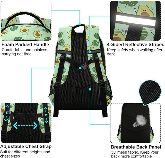 MNSRUU School Backpack with Chest Strap, Green Avocado Palm Leaf Star Laptop Backpack, Travel Hiking Backpack for Boys Girls, Rucksack, Knapsack