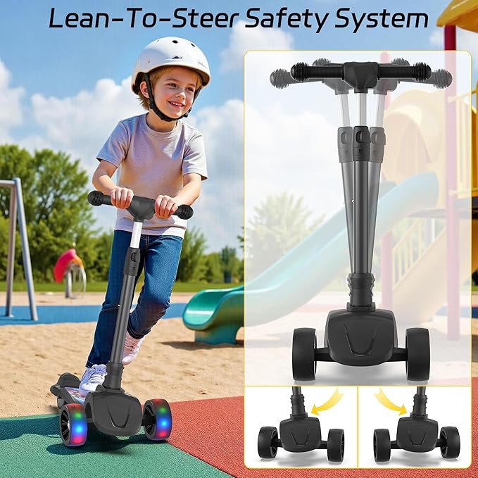 VOLPAM C001 Electric Scooter for Kids, 80W Motor, Max Safe Speed 5MPH, 3 Adjustable Height, Lean-to-Steer, 3.5" Lighted Up Wheel, Foldable Scooter for Boys & Girls, Max Load 110lbs