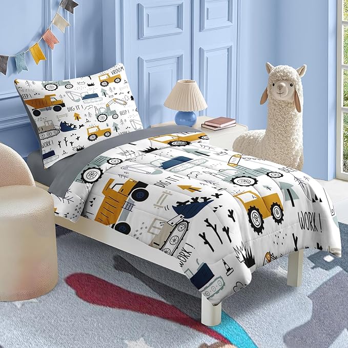 Nesker 4 Pcs Comforter Set Toddler Size, Construction Vehicles Bedding for Kids Teen, Cargo Crane Bulldozer Excavator Bed Sheet with Pillowcase & Sham